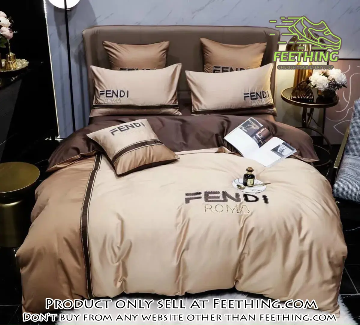 Fendi roma brown premium luxury brand bedding set duvet cover home decor special gift ft3421424